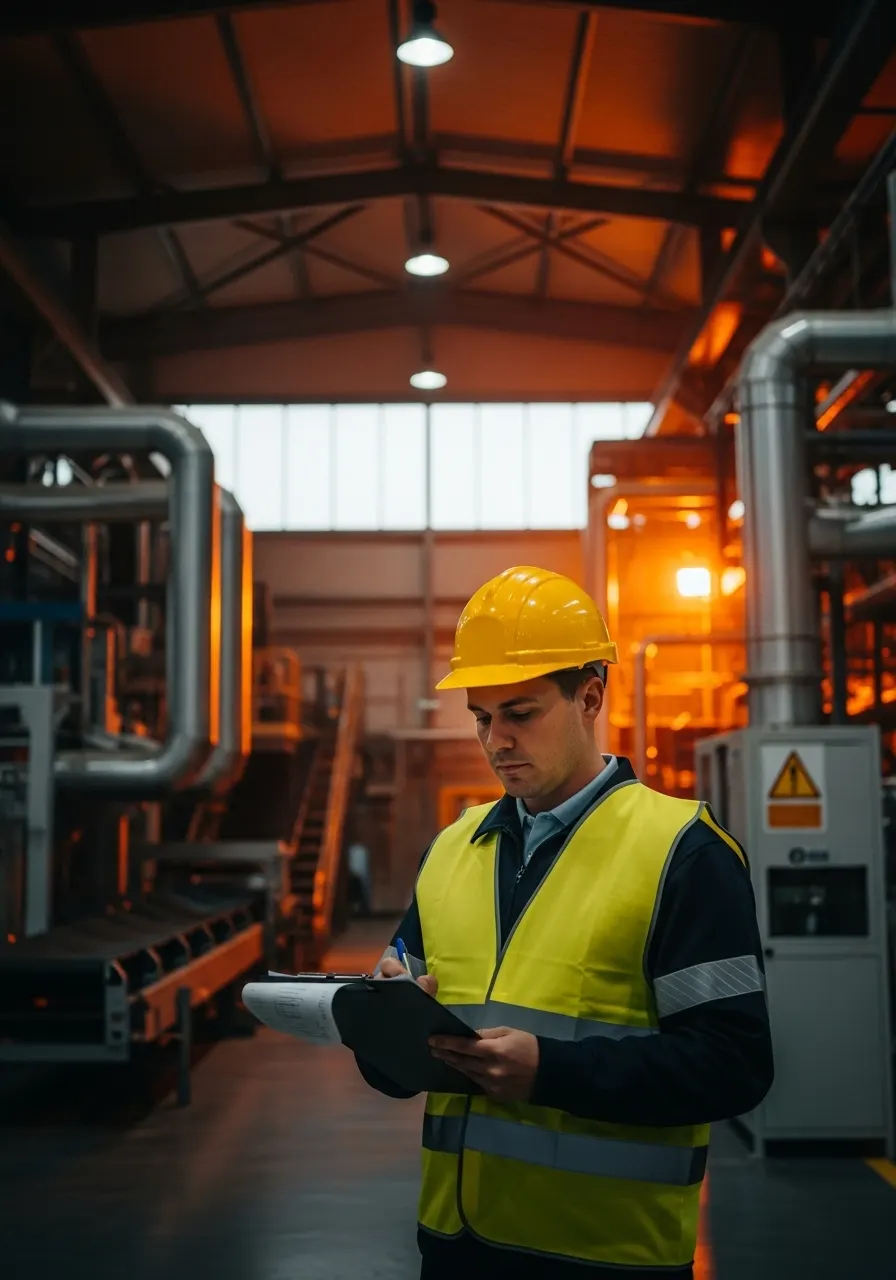 Specjalista BHP podczas audytu stanowiska pracy w zakładzie produkcyjnym