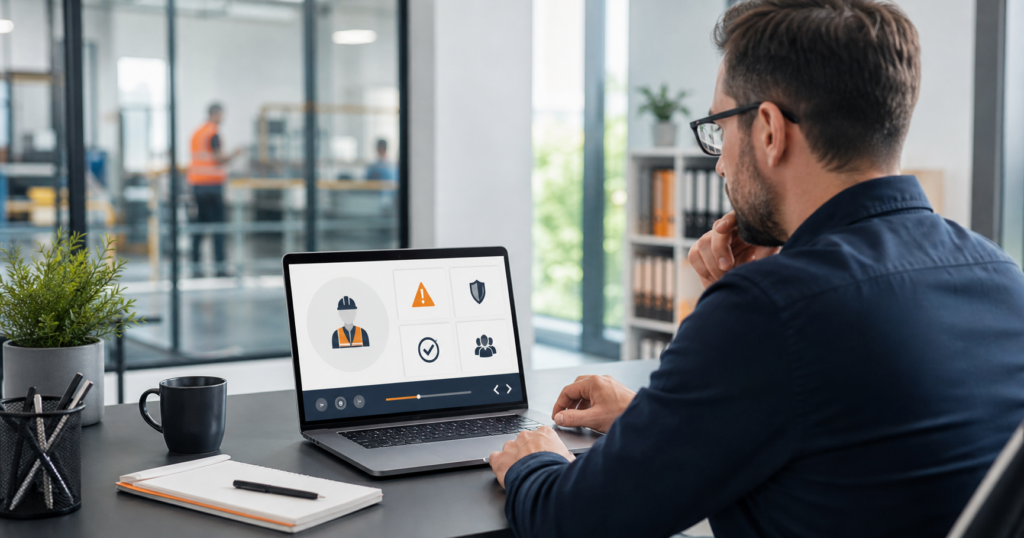 Szkolenie okresowe BHP online realizowane na laptopie