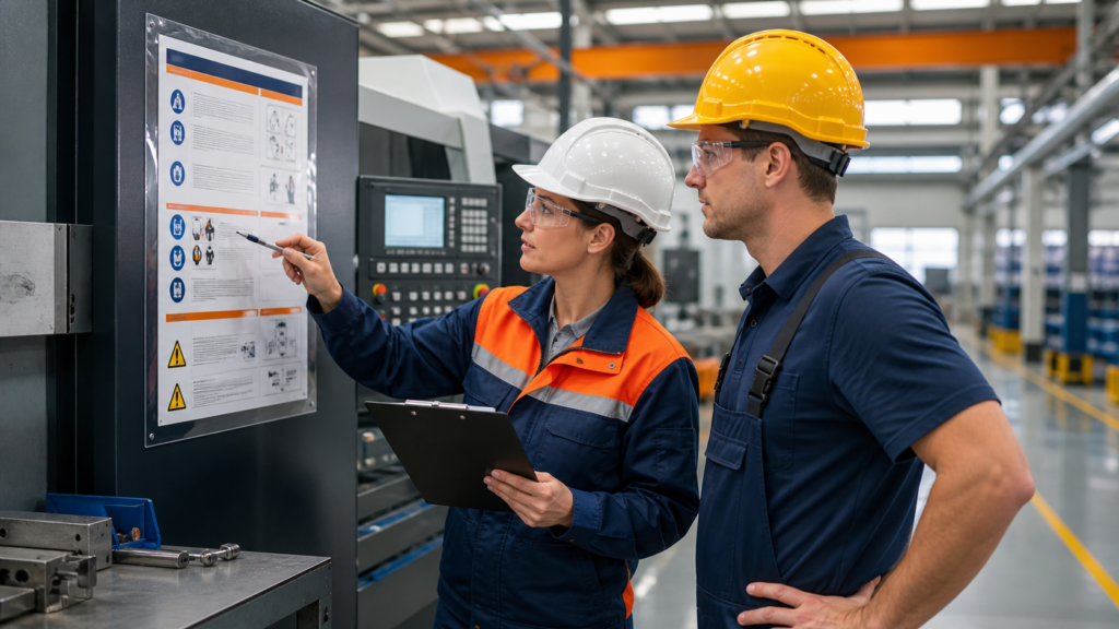 Pracownicy omawiają instrukcję stanowiskową BHP przy maszynie